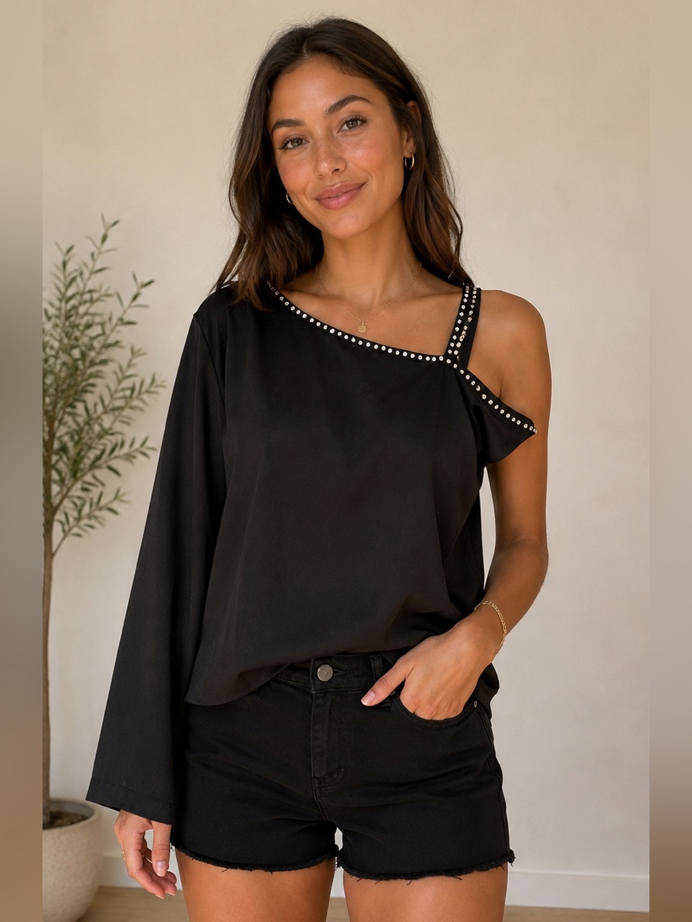 Elegant Black Rhinestone-Embellished Blouse